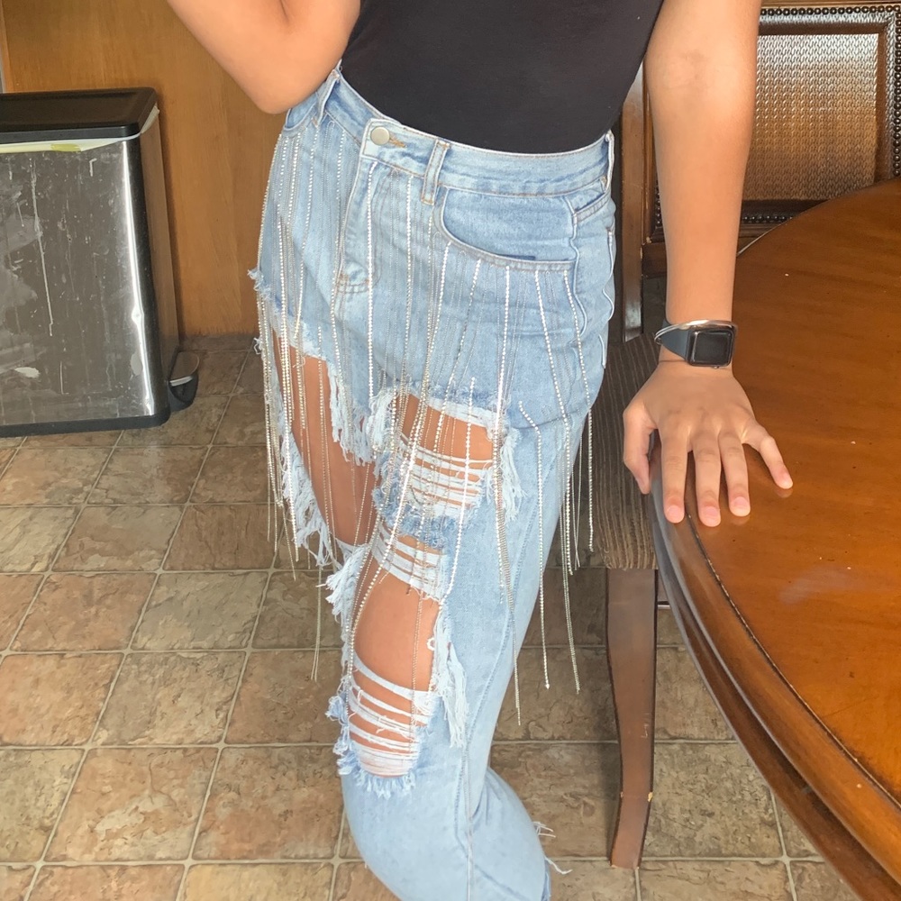 Rhinestone Fringe Jeans